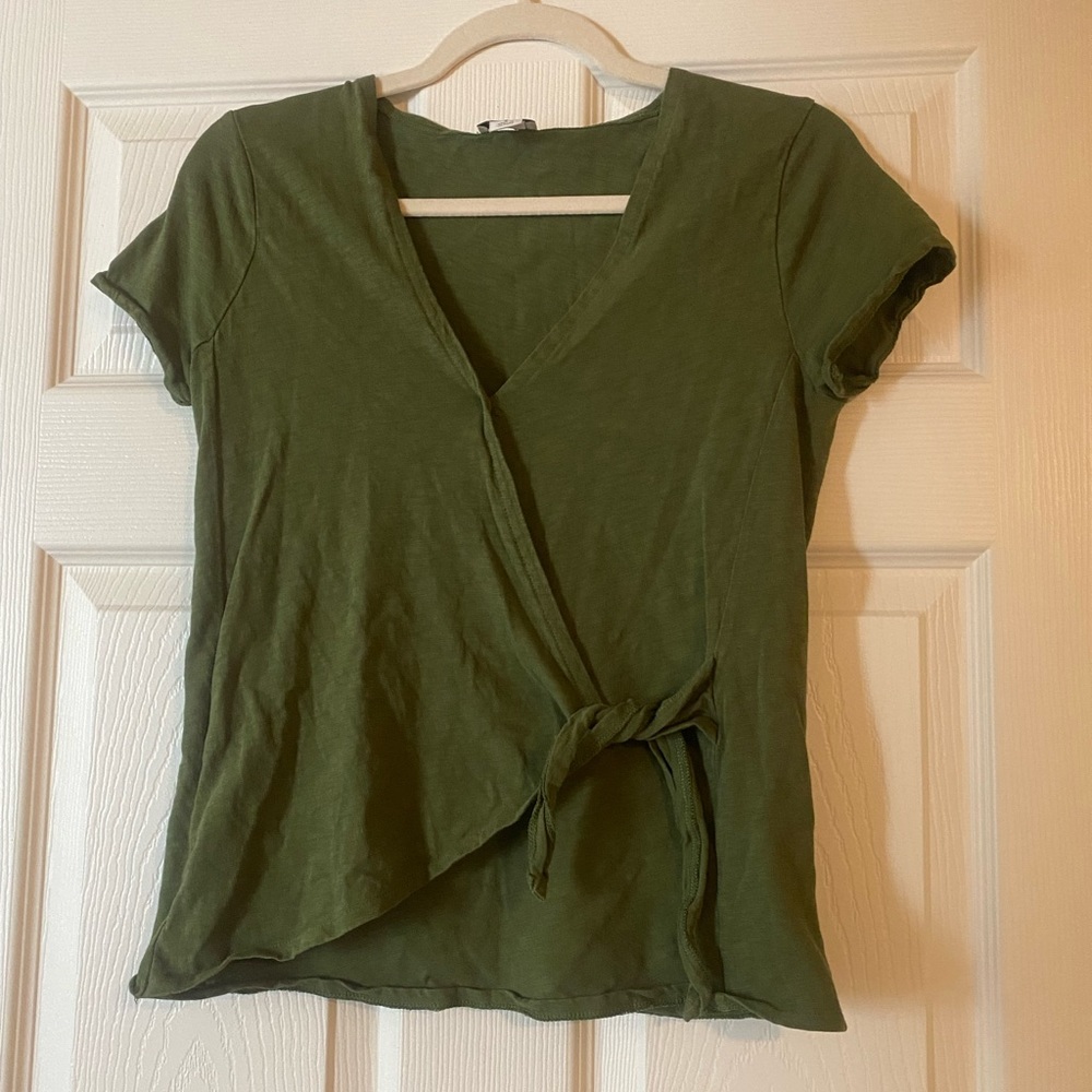 J By J Crew Womens Wrap Top Heathered Short Sleeve V Neck Blouse Moss Green